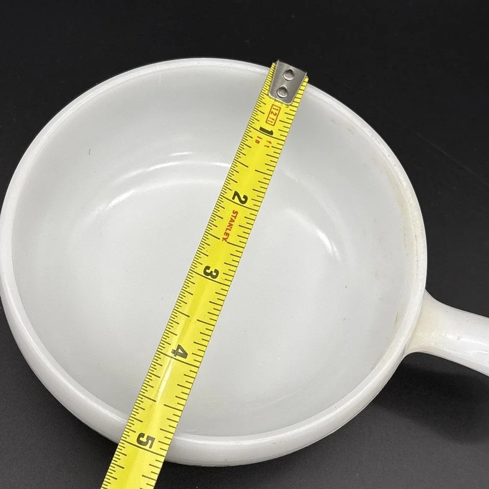 Vintage Glasbake Milk Glass Handled Soup Bowl Green Daisy Floral J-2639 MCM USA